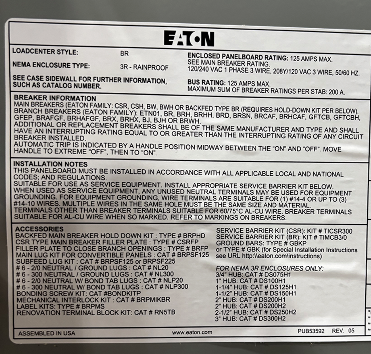 Eaton BRP12B100R Main Breaker Load Center 125A 120/240V 1PH 3W 10kA NEMA 3R 12SP