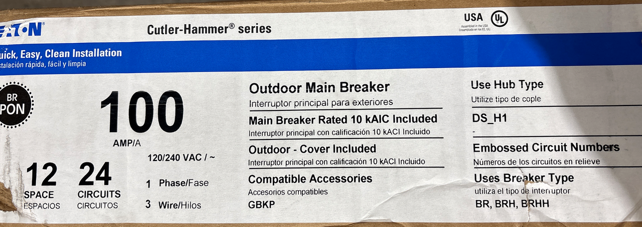 Eaton BRP12B100R Main Breaker Load Center 125A 120/240V 1PH 3W 10kA NEMA 3R 12SP