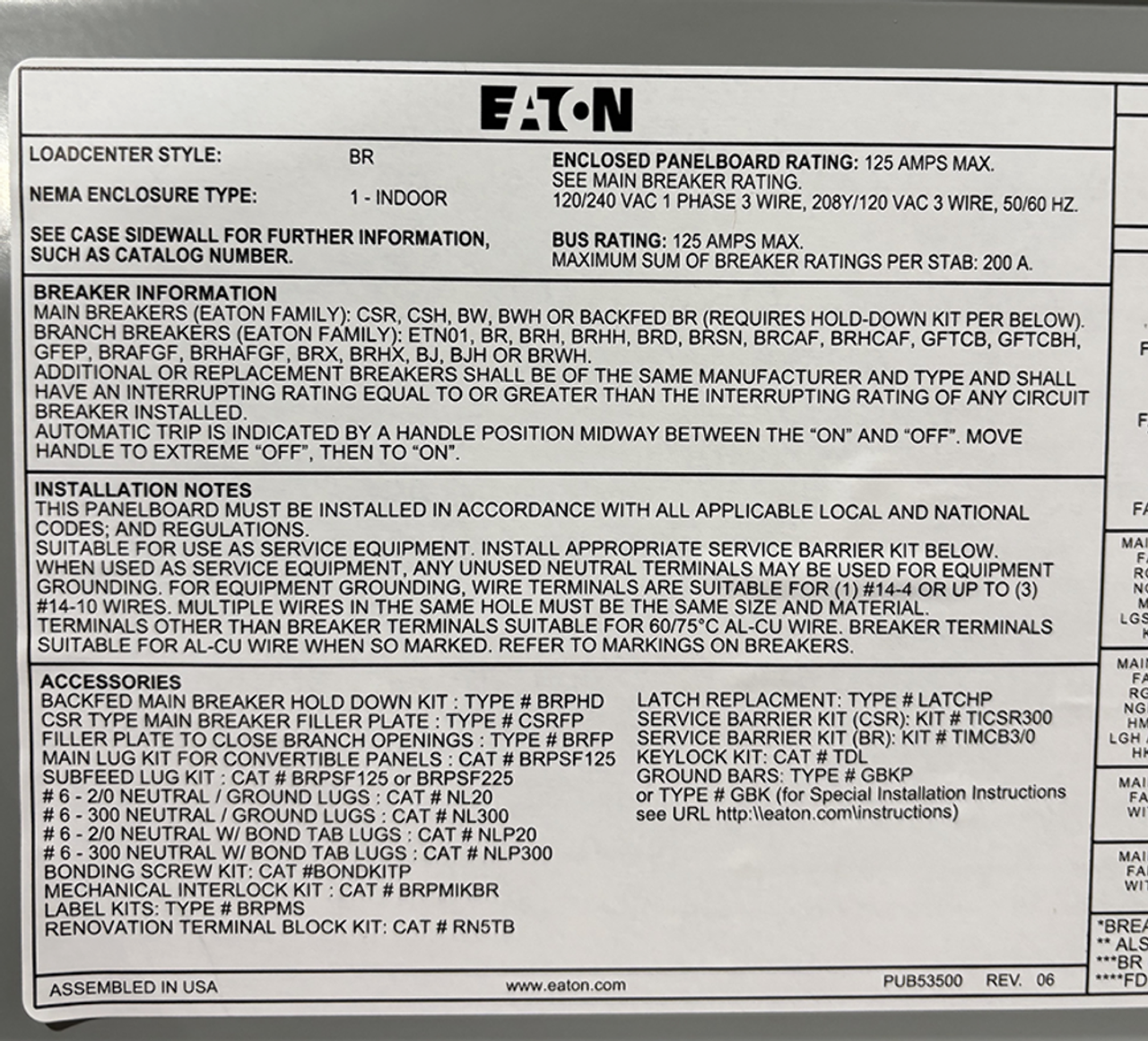 Eaton BRP12L125V24 Main Lug Load Center – 125A, 120/240V, 1PH, 12 Spaces, Aluminum Bus, NEMA 1, Gray