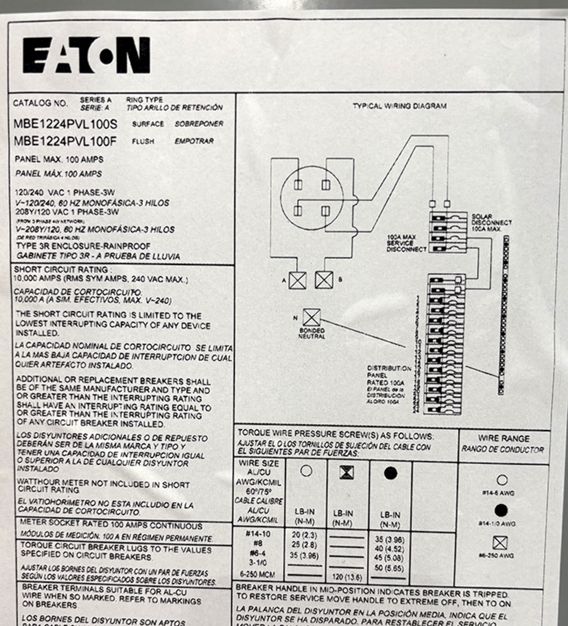 Eaton MBE1224PVL100S Solar Pwr Cntr Meter Brkr 100A 120/240V 12SP 24CR NEMA 3R