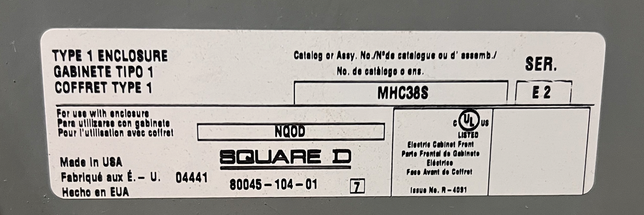 Square D NQOD Panelboard 225A 208Y/120VAC 3Ph 4W Series E2 w/MHC38S Enclosure NEMA 1 42 Spaces