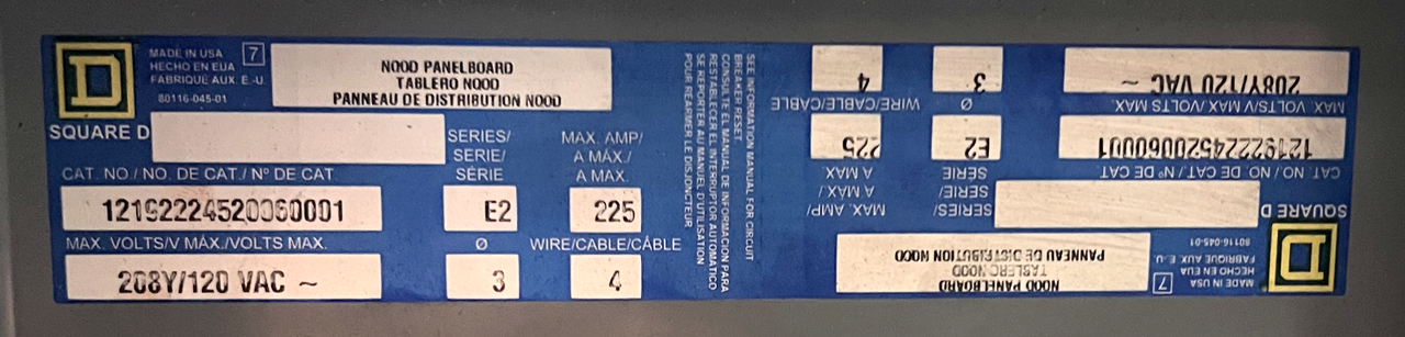 Square D NQOD Panelboard 225A 208Y/120VAC 3Ph 4W Series E2 w/MHC38S Enclosure NEMA 1 42 Spaces