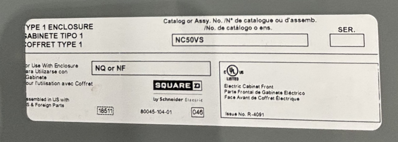 Square D NQ Panelboard 250A 208Y/120V 3PH 4W 42 Spaces W/NC50VS Enclosure NEMA 1