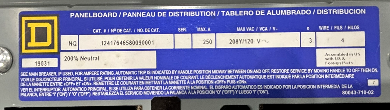 Square D NQ Panelboard 250A 208Y/120V 3PH 4W 42 Spaces W/NC50VS Enclosure NEMA 1