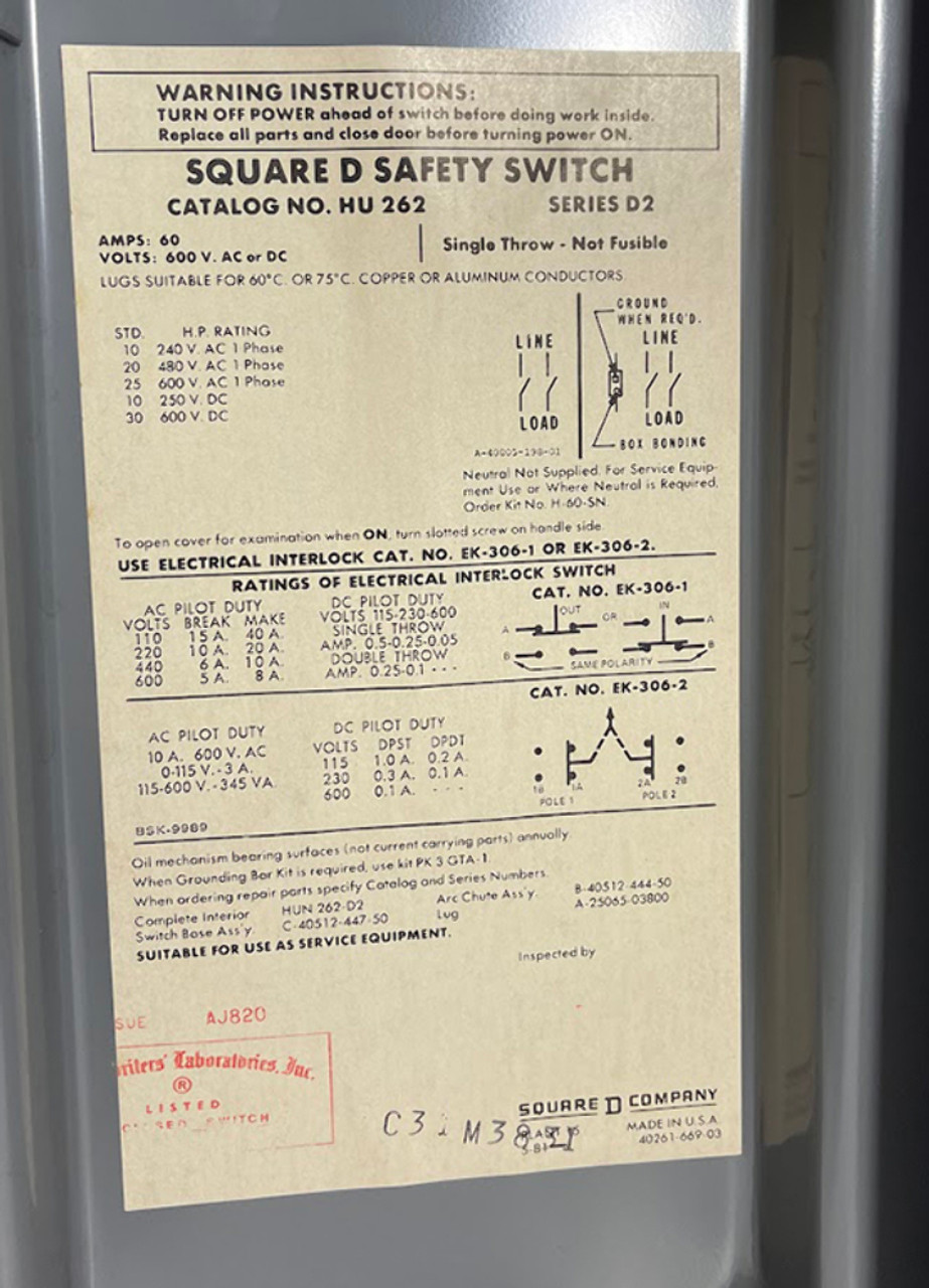 Square D HU262 Non-Fusible Disconnect Heavy Duty 60A 600V NEMA 1 2P 1Ph 2W