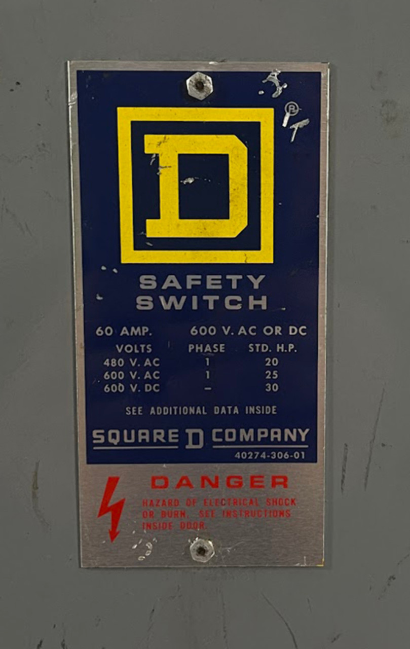 Square D HU262 Non-Fusible Disconnect Heavy Duty 60A 600V NEMA 1 2P 1Ph 2W
