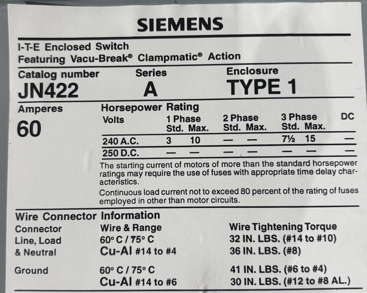 Siemens JN422 Fusible Disconnect Vacu-Break 60A 240V NEMA 1 3P 3Ph