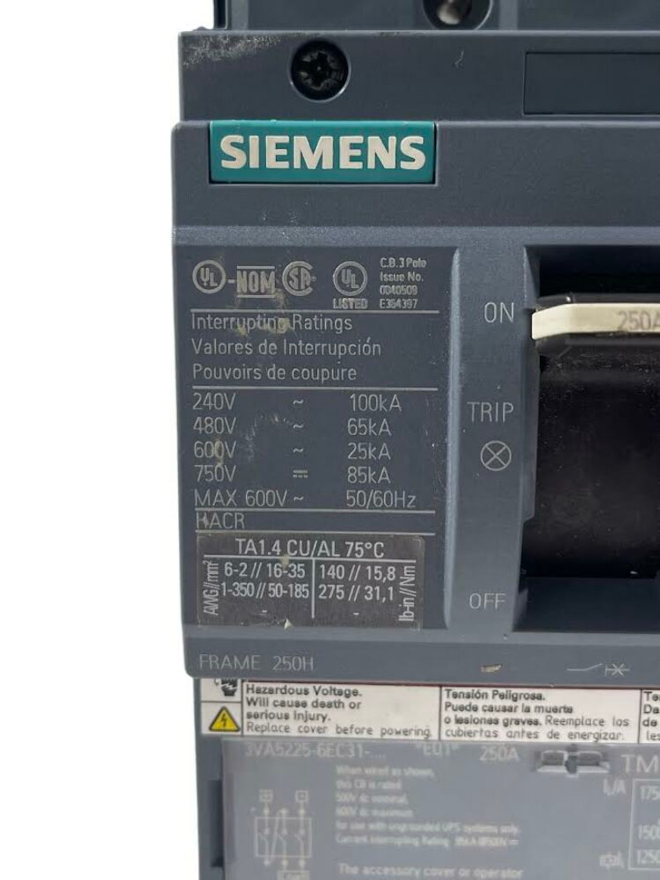 Siemens 3VA5225-6EC31-0AA0 Breaker 250A 600V 3P 3PH 25kA