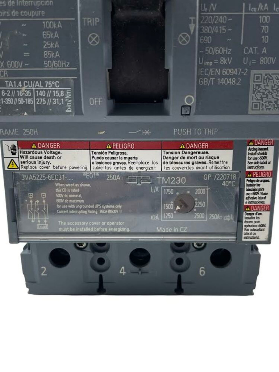Siemens 3VA5225-6EC31-0AA0 Breaker 250A 600V 3P 3PH 25kA