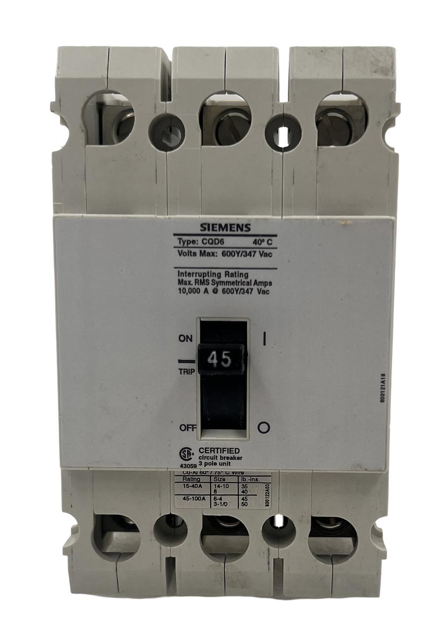 Siemens CQD6345 Circuit Breaker 45A 600Y/347V 3P 10kA Din Rail