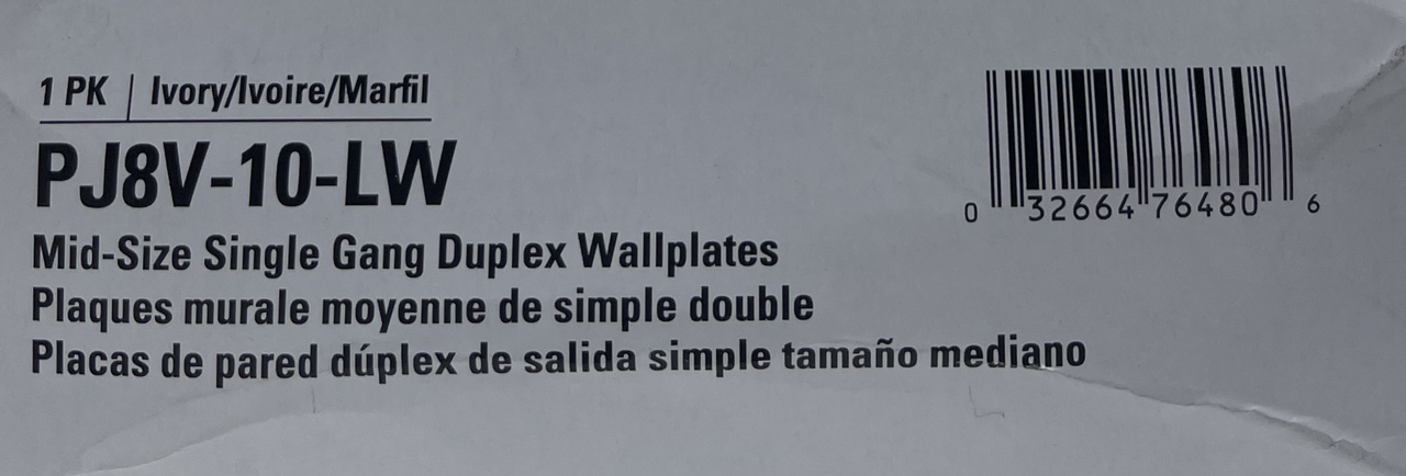 Eaton PJ8V-10-LW Duplex Wallplate Mid-Size Single Gang Polycarbonate Ivory 10/PKG