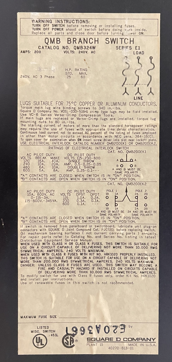 Square D QMB324W Panelboard Switch Fusible | 200A, 240V, 3-Pole, 60HP, Class H/K Fuses, NEMA KS1