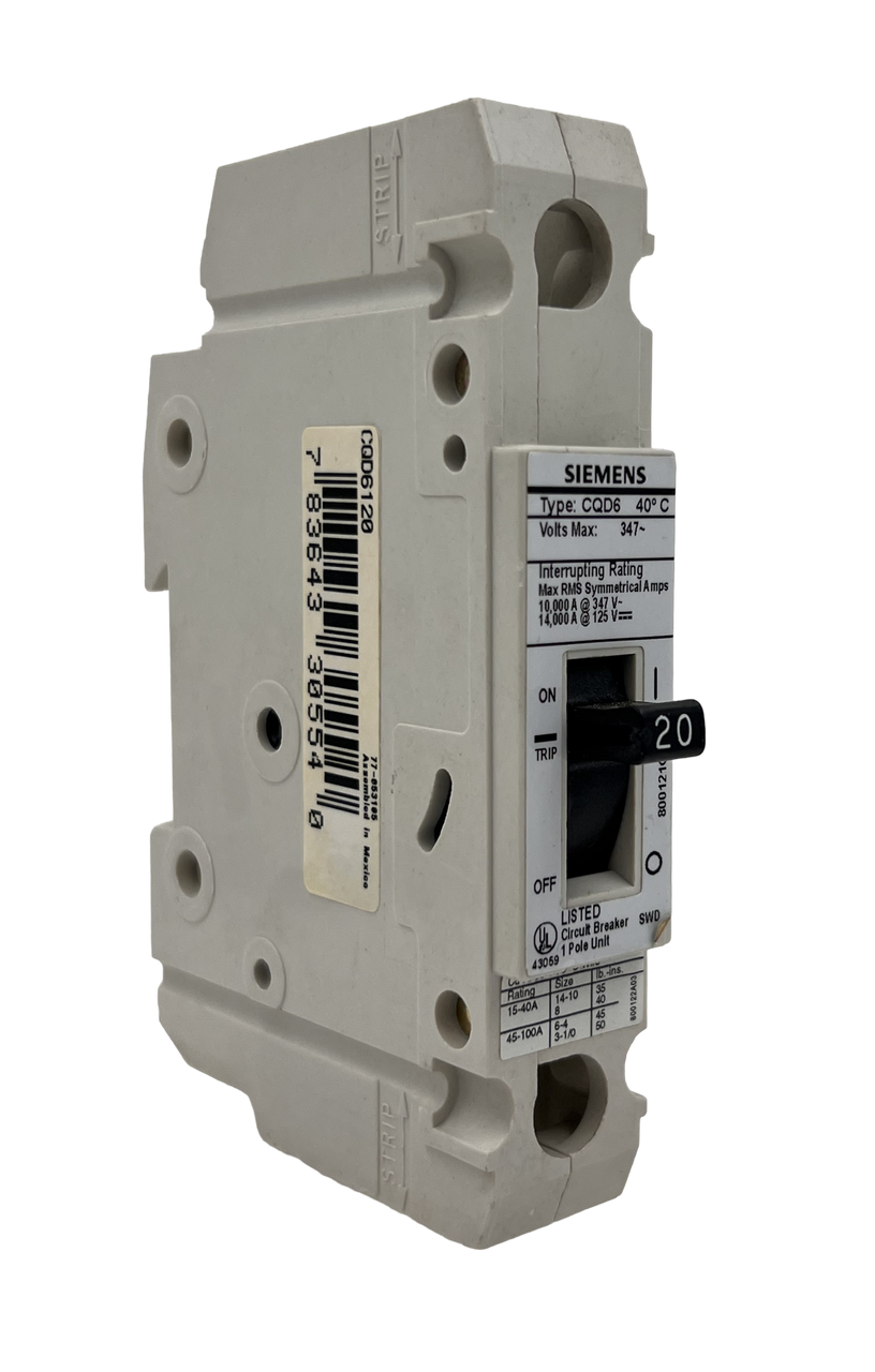 Siemens CQD6120 Circuit Breaker 20A 347V 1P 10kA Din Rail