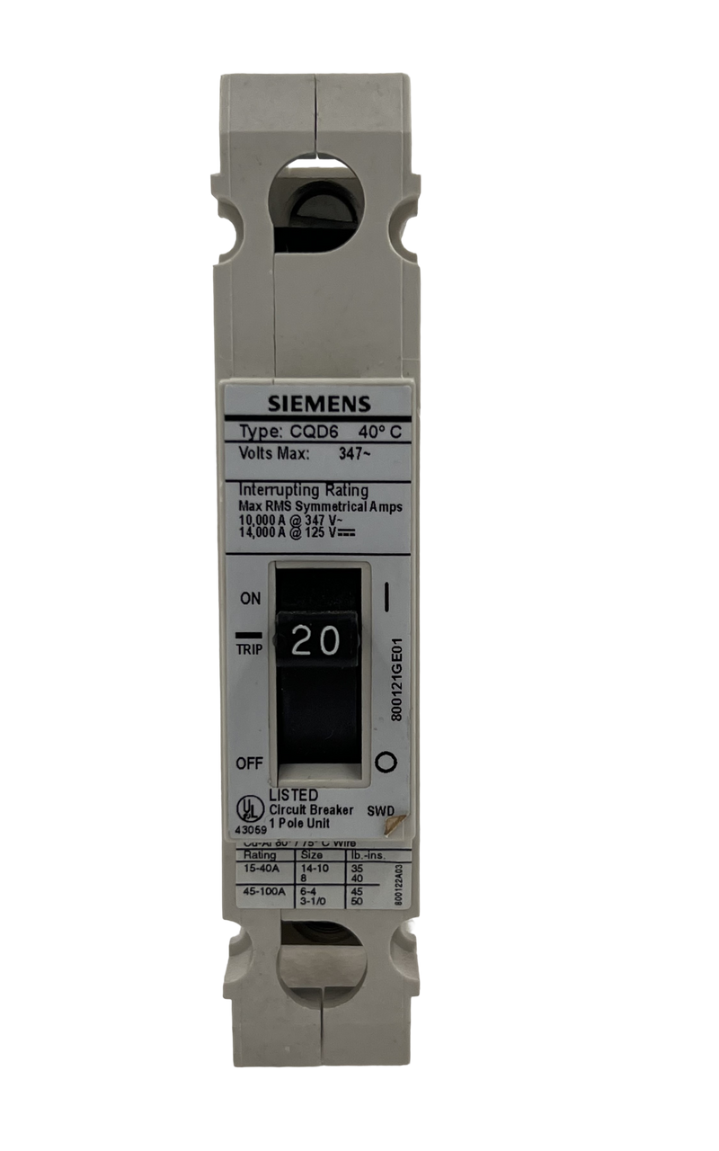 Siemens CQD6120 Circuit Breaker 20A 347V 1P 10kA Din Rail