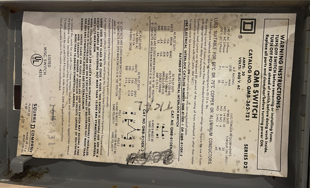 Square D QMB-362-T21 Fusible Disconnnect 60A-30A 600V 3P 3PH NEMA KS1 Fse Type R