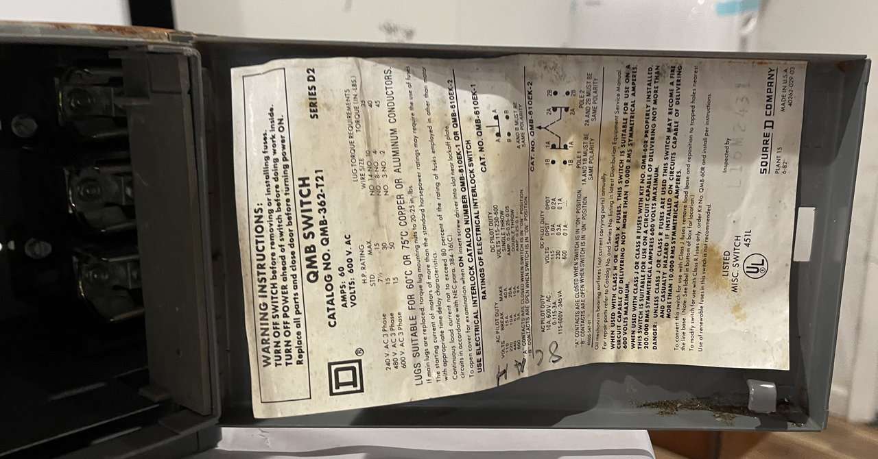 Square D QMB-362-T21 Fusible Disconnnect 60A-30A 600V 3P 3PH NEMA KS1 Fse Type R