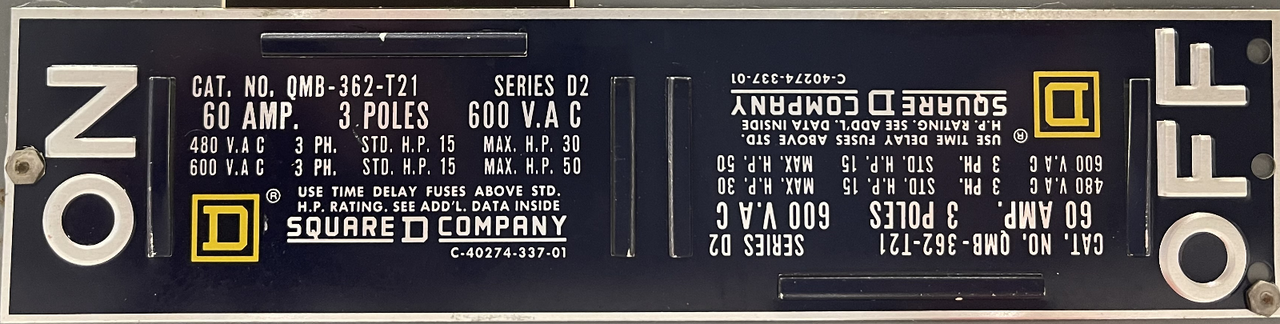 Square D QMB-362-T21 Fusible Disconnnect 60A-30A 600V 3P 3PH NEMA KS1 Fse Type R
