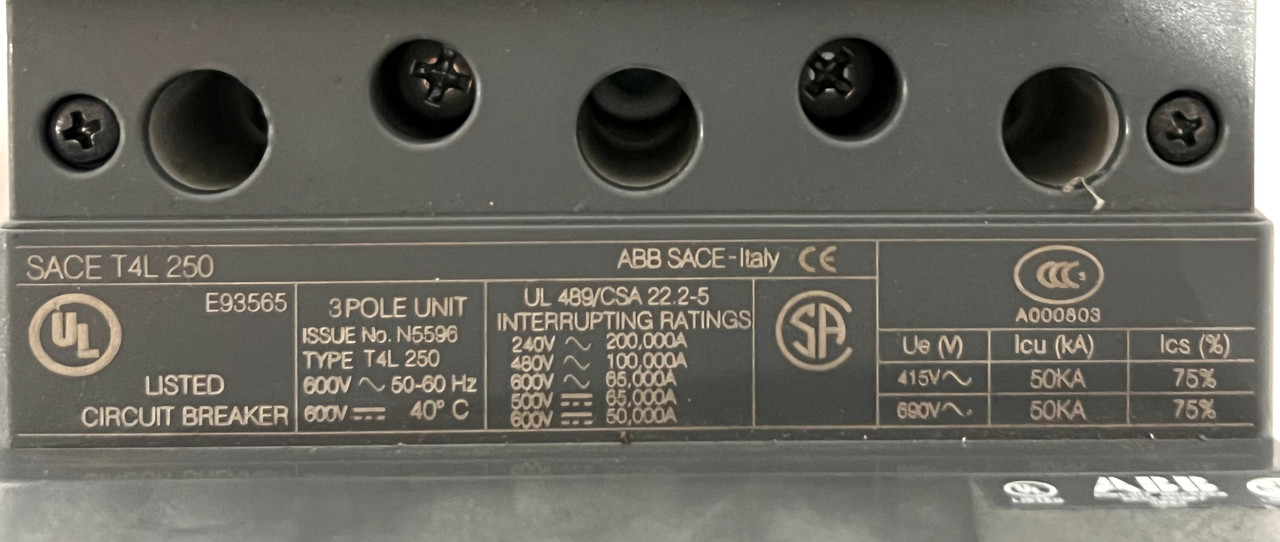 ABB SACE T4L 250 Circuit Breaker 250A 600V 3P 65kA w/Shunt Trip and Rotary Handle
