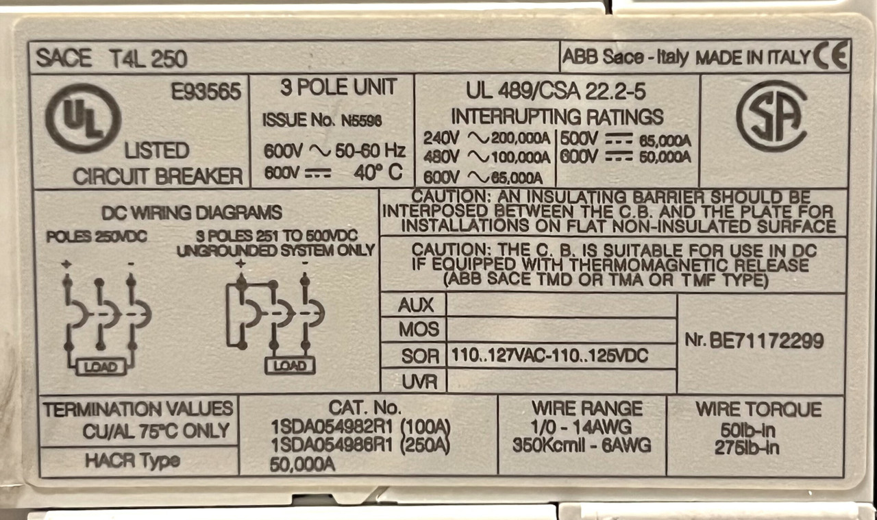 ABB SACE T4L 250 Circuit Breaker 250A 600V 3P 65kA w/Shunt Trip and Rotary Handle
