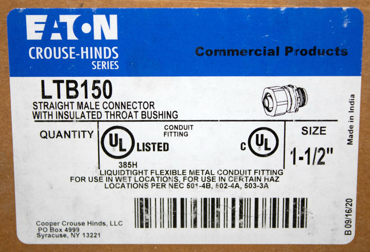 Eaton Crouse-Hinds LTB150 Straight Male Connector w/Insulated Throat Bushing Liquidator Liquidtight 1 1/2-Inch