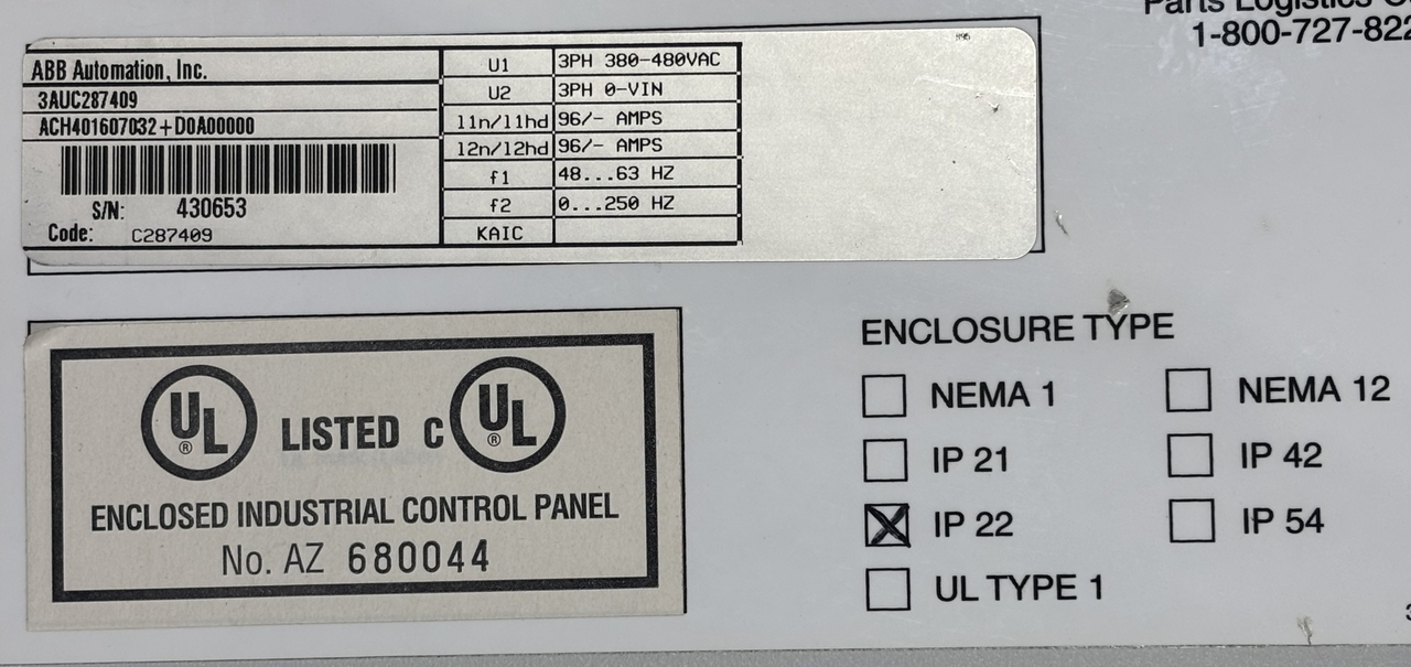 ABB ACH401607032 AC Drive 380-480V 3PH 75HP 65kA IP 22 Enclosure W/3 Bussmann 170M1369 Fuse