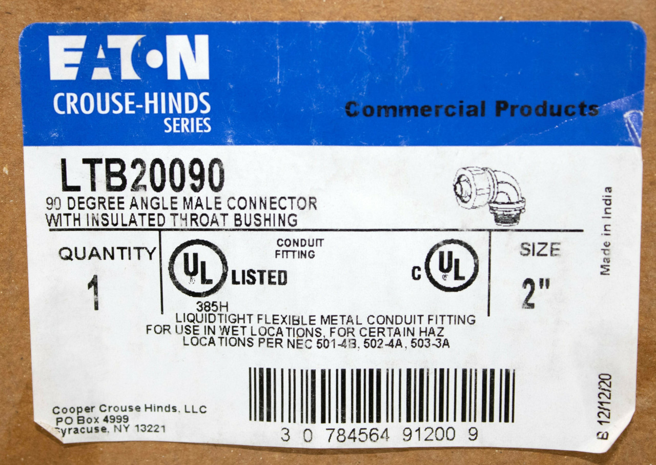 Eaton/CH LTB20090 Liquidtight Connector 2 Inch 90 Deg Insulated Malleable Iron