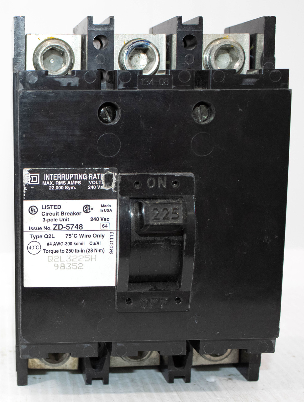 Square D Q2L3225H Breaker 225A 240V 3P 22kA