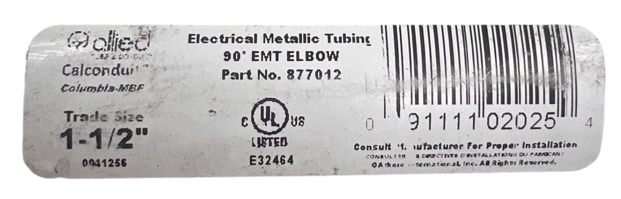 Allied 877012 EMT Conduit Elbow Galvanized Steel 1 1/2-Inch 90 Degree