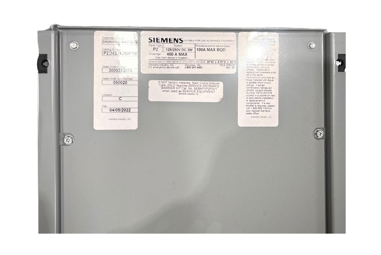 Siemens P2O42JX250FTS Lighting Panel Type P2 400A 125/250VDC 1PH 3W NEMA 1 42 SP