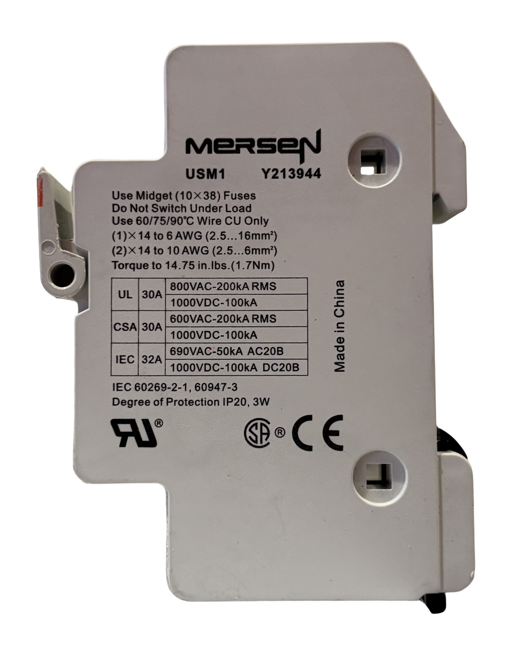 Mersen USM1 Fuse Holder 30A 800VAC 1000VDC 1P Pressure Plate IP65 Midget UltraSafe