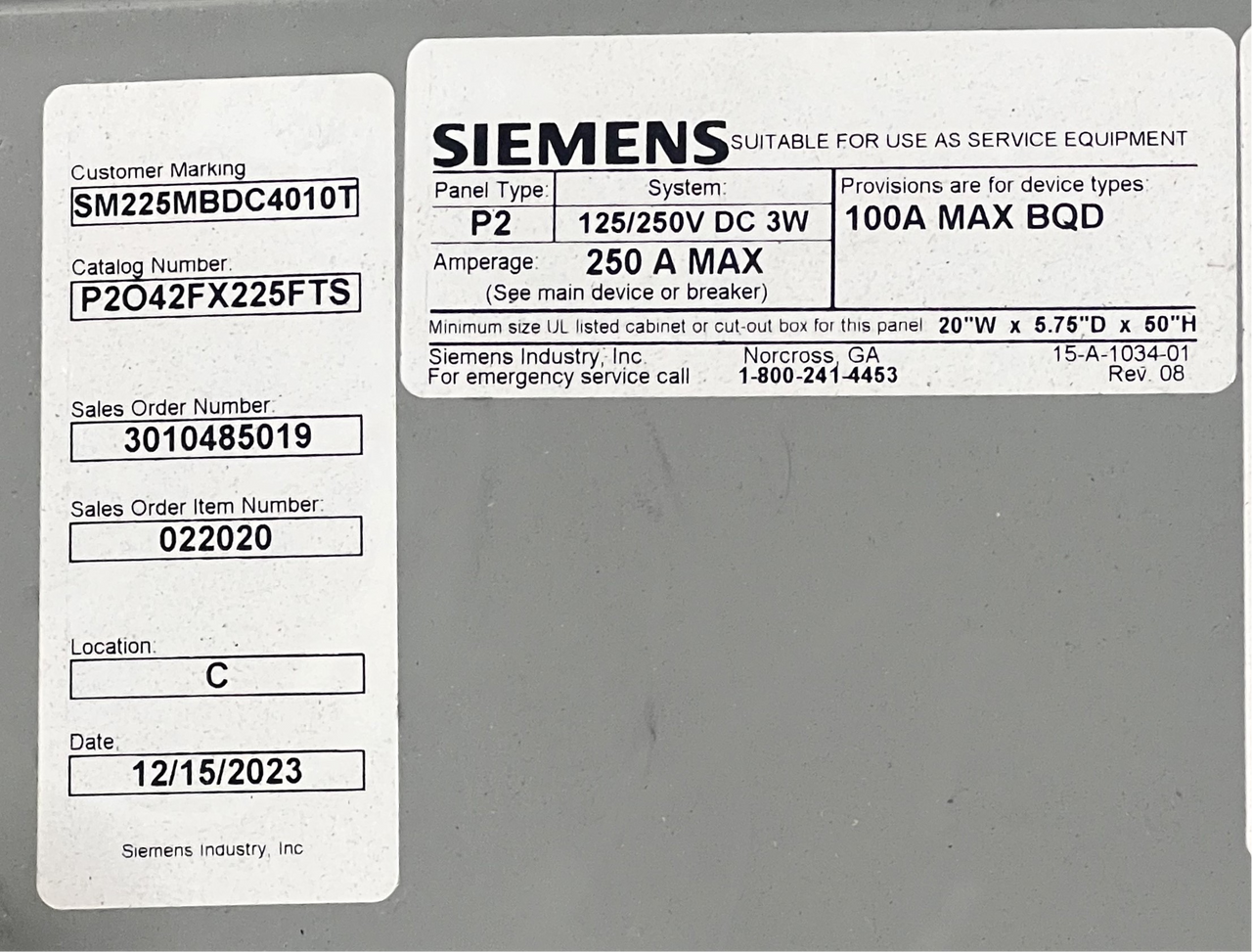 Siemens P2O42FX225FTS Lighting Panel Type P2 250A 125/250VDC 1PH 3W NEMA 1 42 SP