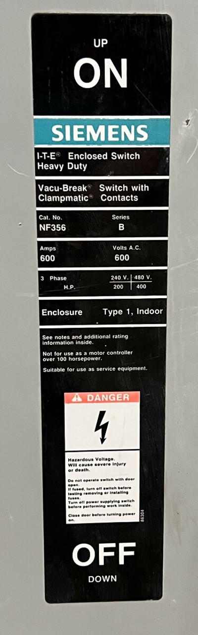 Siemens NF356 Disconnect 600A 600V 3P 3PH 200kA NEMA 1