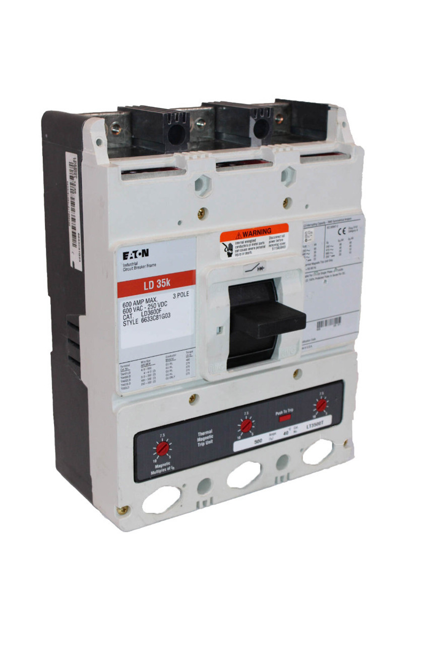 Eaton LD3600F Circuit Breaker 600A 600V 3P w/Thermal Magnetic Trip Unit LT3500T 500A
