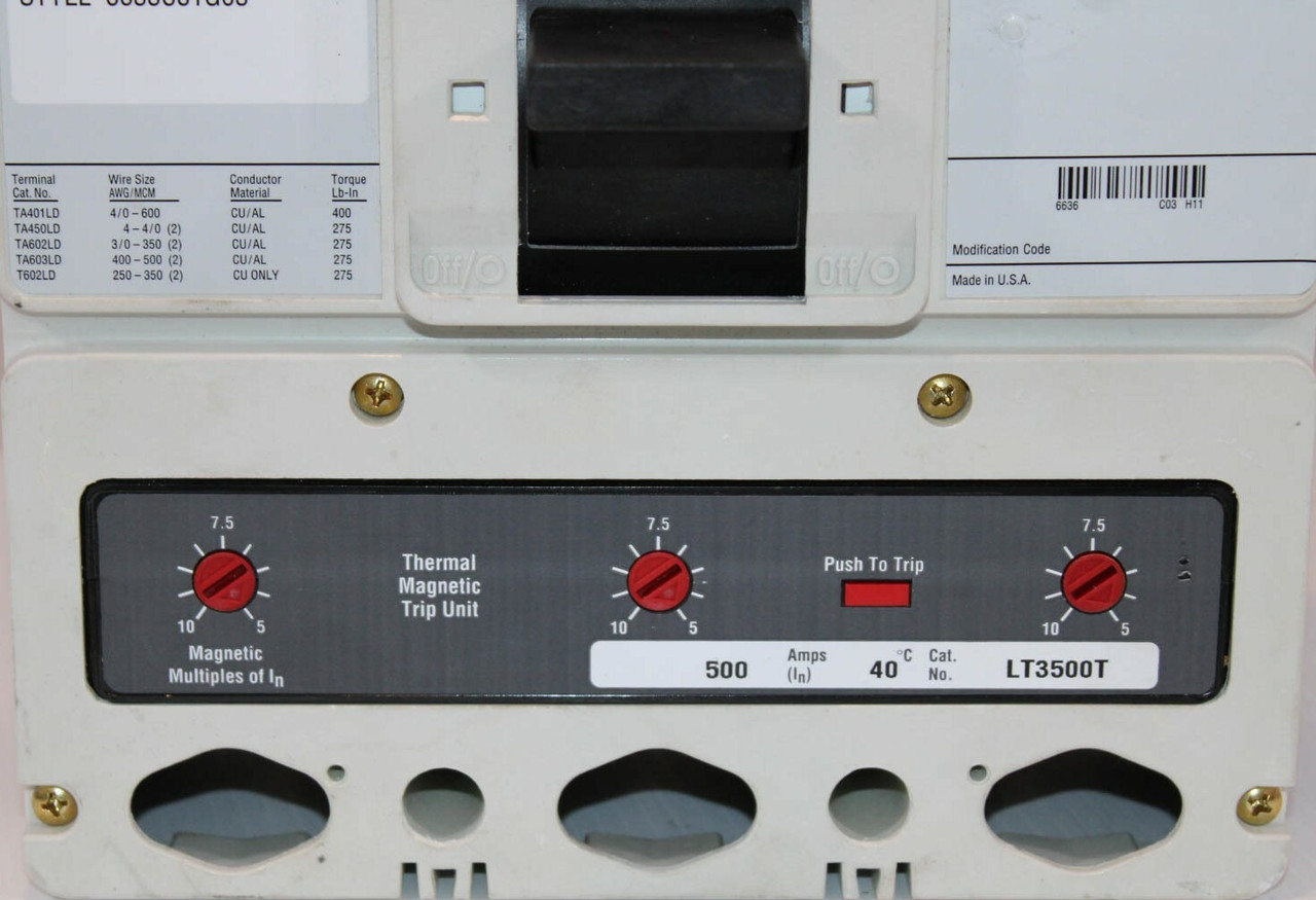 Eaton LD3600F Circuit Breaker 600A 600V 3P w/Thermal Magnetic Trip Unit LT3500T 500A