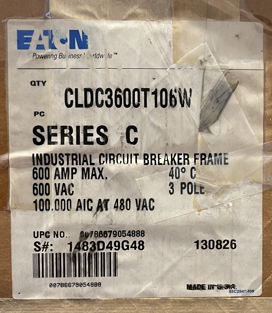 Eaton CLDC3600T106W Breaker 600A Max 600V 3P 100kA@480V OPTIM 1050 W/Terminal
