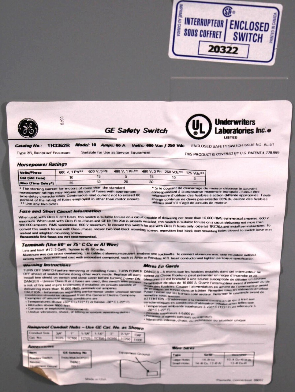 General Electric TH3362R - Heavy Duty Safety Switch 60A 600V 3P NEMA 3R