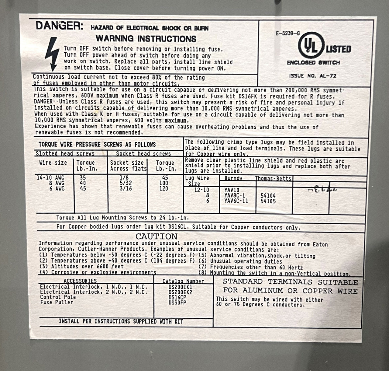 Eaton DH361NGK Heavy Duty Safety Switch 30A 600V 3P NEMA 1 Fusible