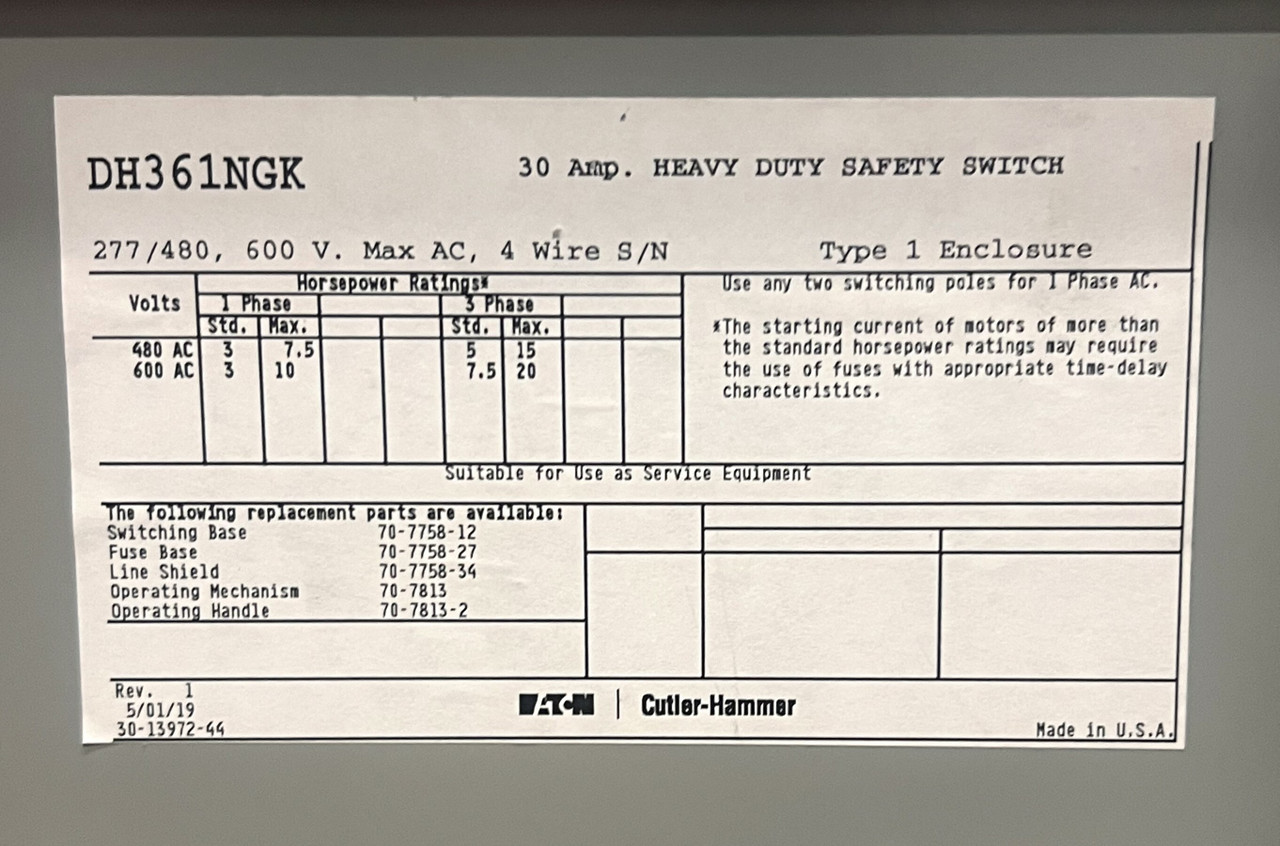 Eaton DH361NGK Heavy Duty Safety Switch 30A 600V 3P NEMA 1 Fusible