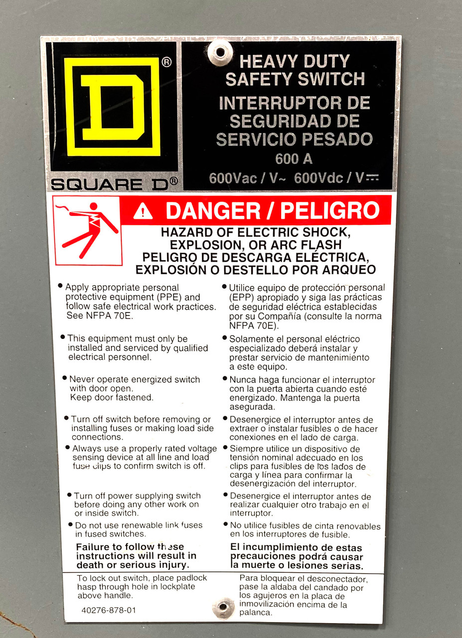 Square D H366N Fusible Disconnect | 600A | 600V AC/DC | 3-Pole + Neutral | NEMA 1 | Heavy Duty