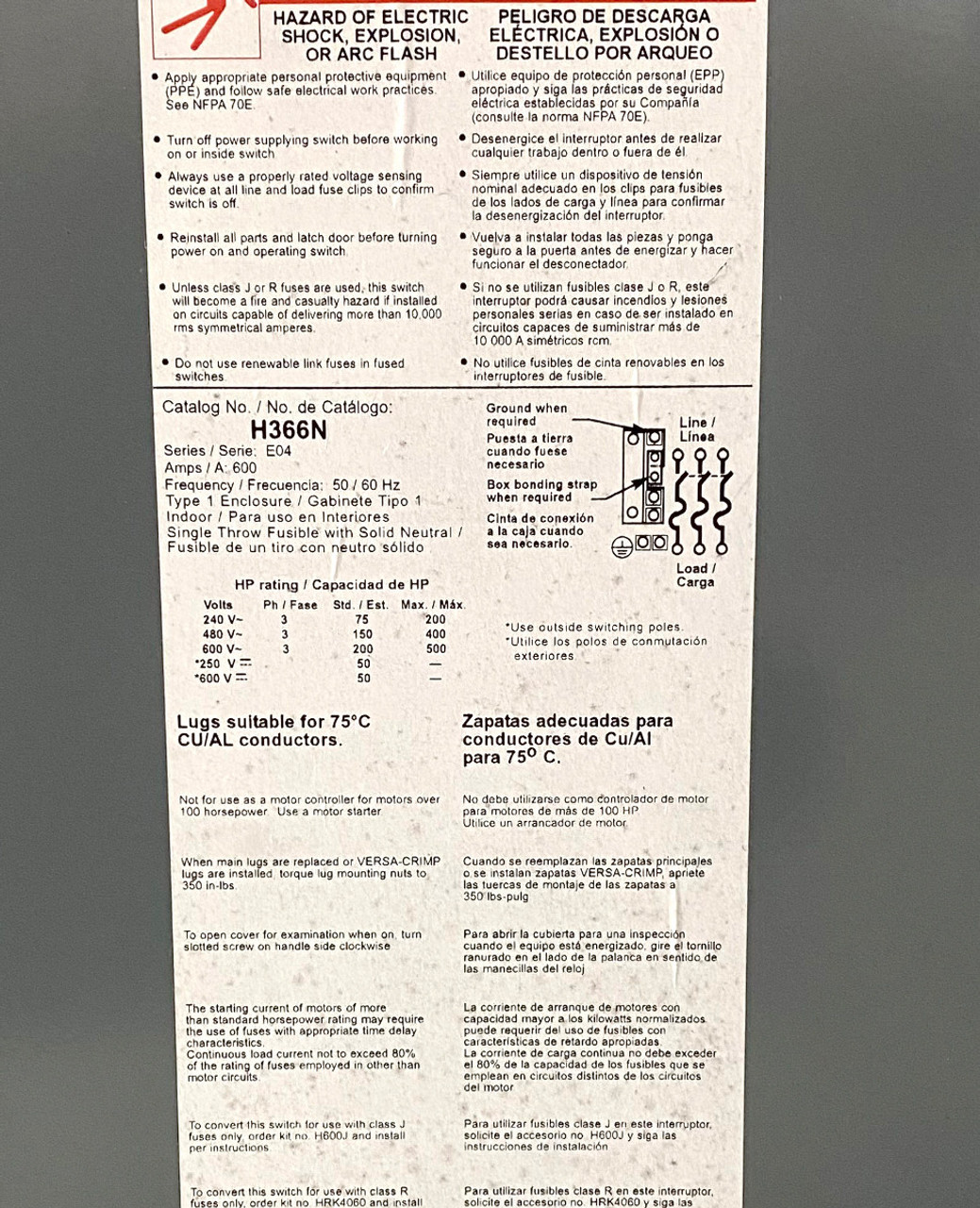 Square D H366N Fusible Disconnect | 600A | 600V AC/DC | 3-Pole + Neutral | NEMA 1 | Heavy Duty