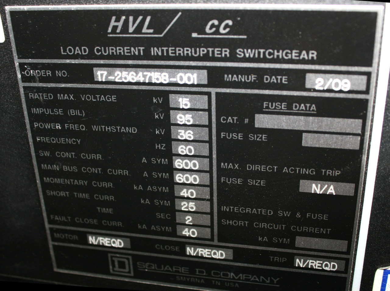 Square D HVL/CC 17-25647158-001 Load Current Interrupter Switchgear 600A NEMA1