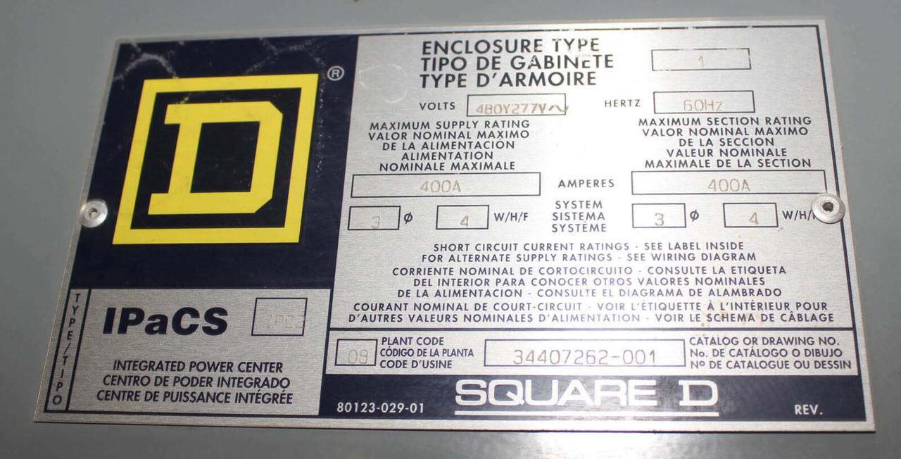 Square D 34407262-001 IPaCS I-Line Panelboard & Enclosure 400A 480Y/277V NEMA 1