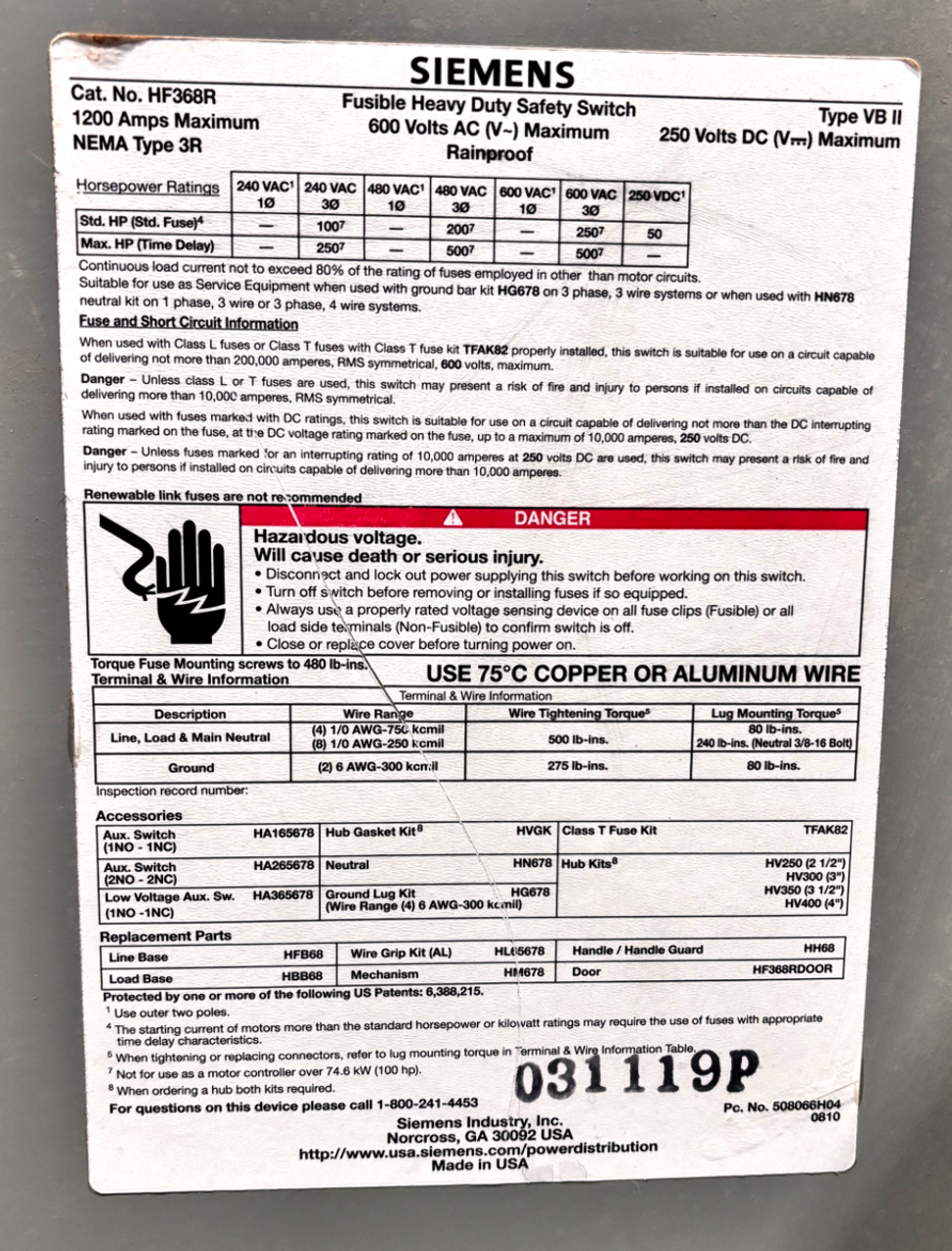 Siemens HF368R Disconnect - 1200A 600V 3P 3PH 200kA Nema 3R Fusible VBII Series