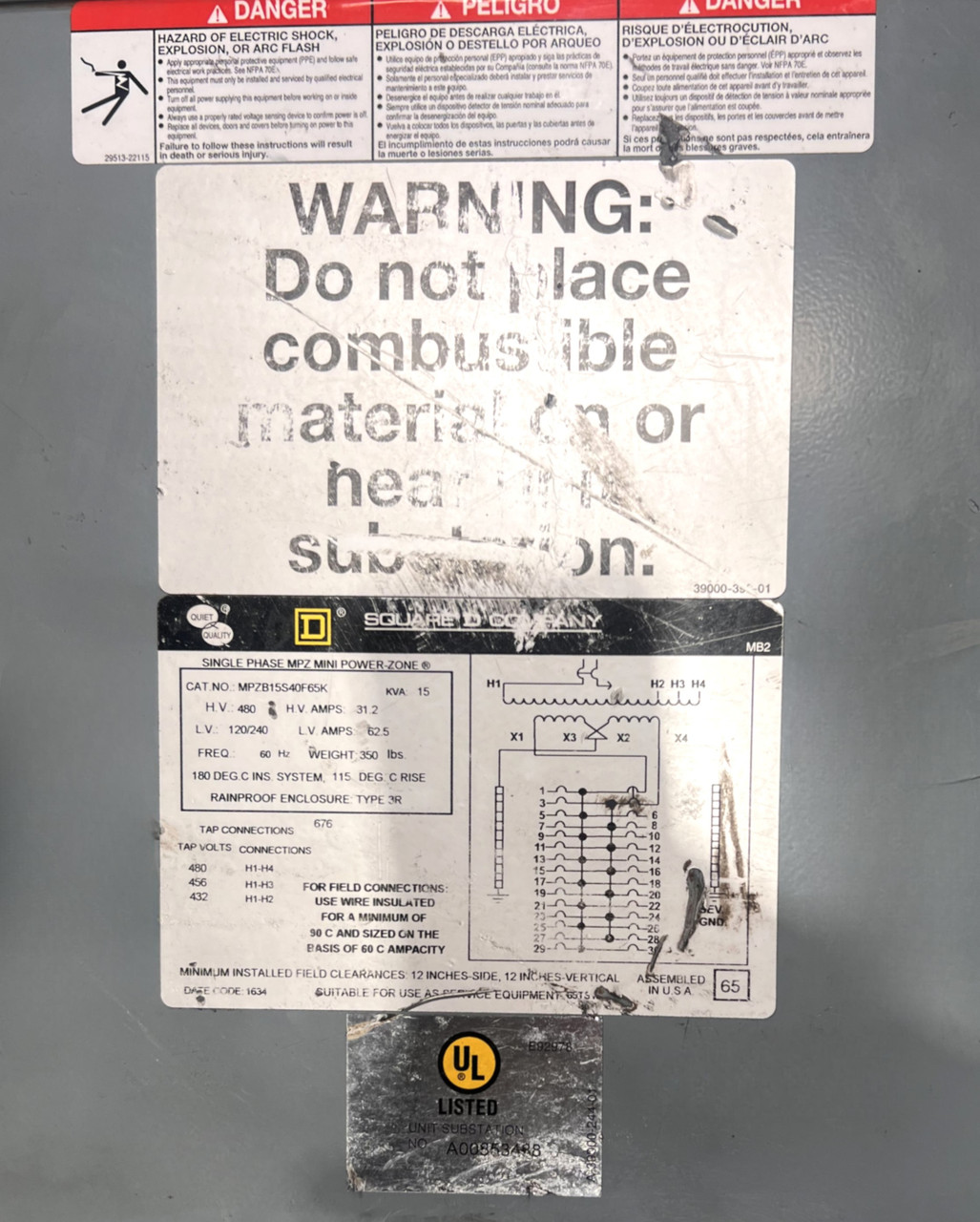 Square D MPZB15S40F65K Transformer 15KVA PV: 480V SV: 120/240V 3PH