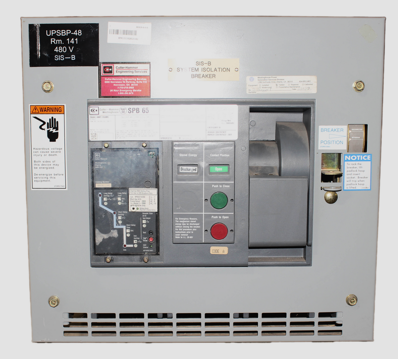 Cutler-Hammer SPB 65 Circuit Breaker | 2000A | 600V | 3-Pole | 50kA | Digitrip RMS510 | SPBAUXC164 Auxiliary