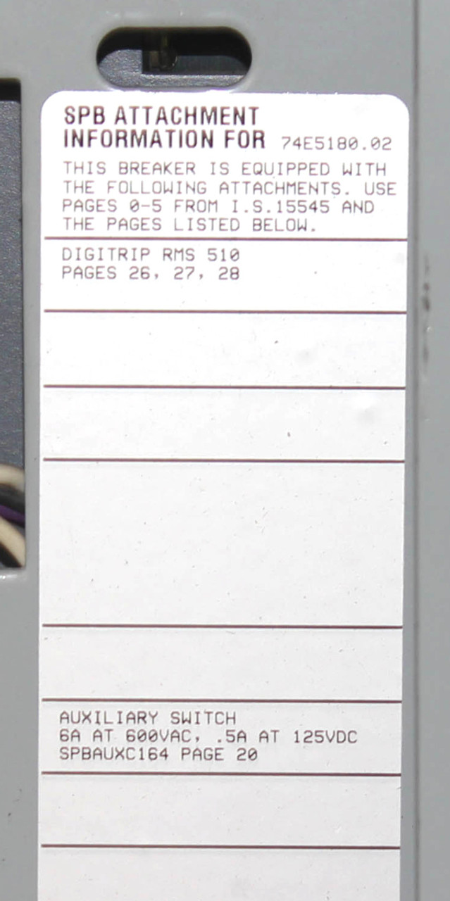 Cutler-Hammer SPB 65 Circuit Breaker | 2000A | 600V | 3-Pole | 50kA | Digitrip RMS510 | SPBAUXC164 Auxiliary