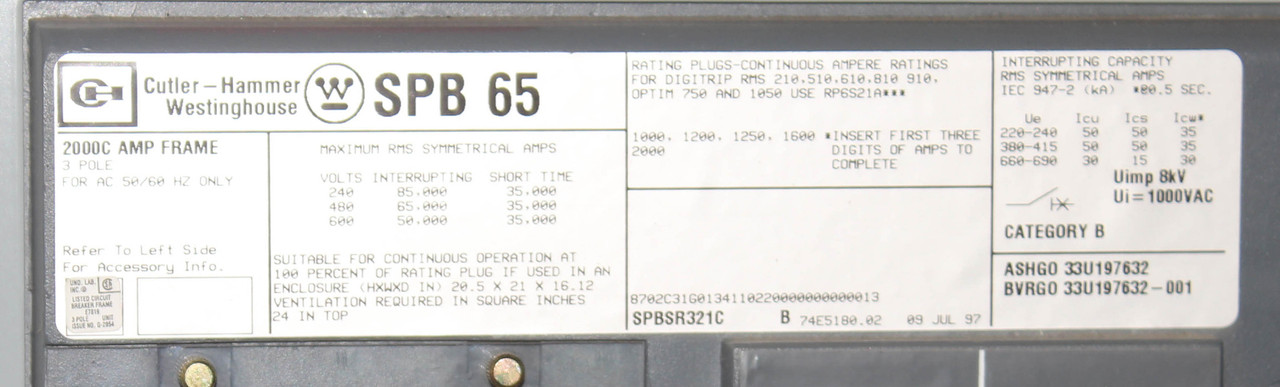 Cutler-Hammer SPB 65 Circuit Breaker | 2000A | 600V | 3-Pole | 50kA | Digitrip RMS510 | SPBAUXC164 Auxiliary