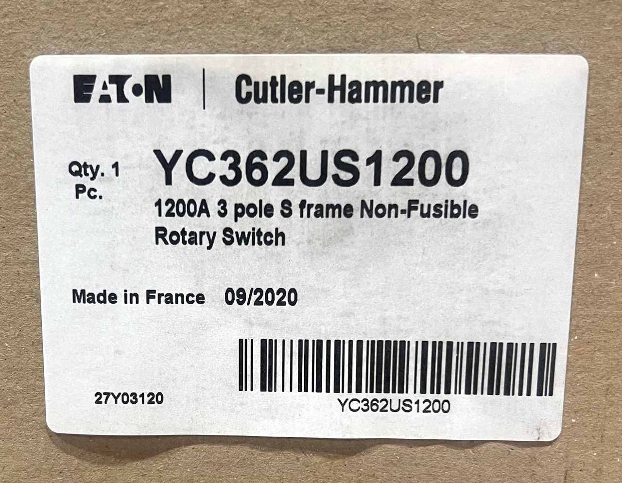 Eaton/Cutler-Hammer YC362US1200 Rotary Switch 1200A 600VAC 3P 3PH Non-Fusible 50/60Hz