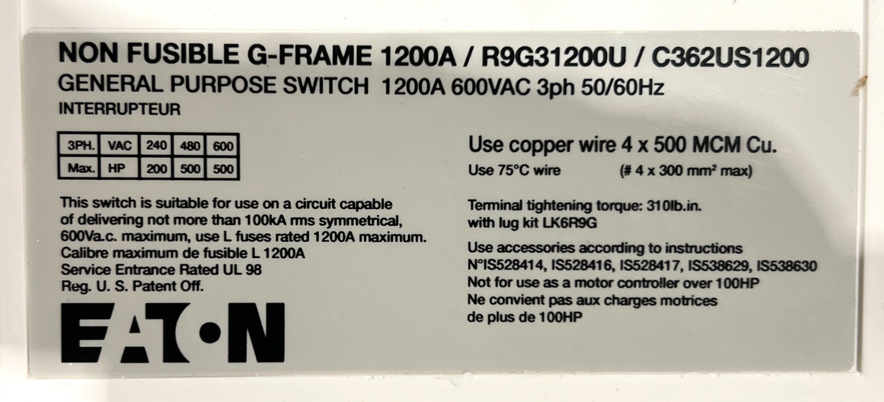 Eaton/Cutler-Hammer YC362US1200 Rotary Switch 1200A 600VAC 3P 3PH Non-Fusible 50/60Hz