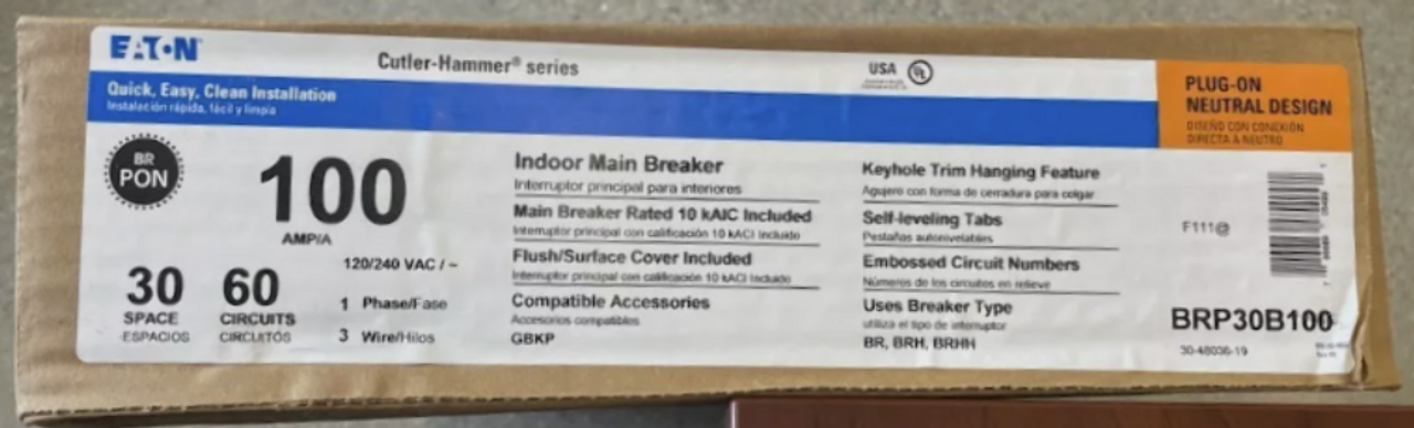 Eaton BRP30B100 100A Main Breaker Loadcenter 120/240V 1PH 30 Spaces 60 Circuits NEMA 1 Plug-On Neutral Aluminum Bus